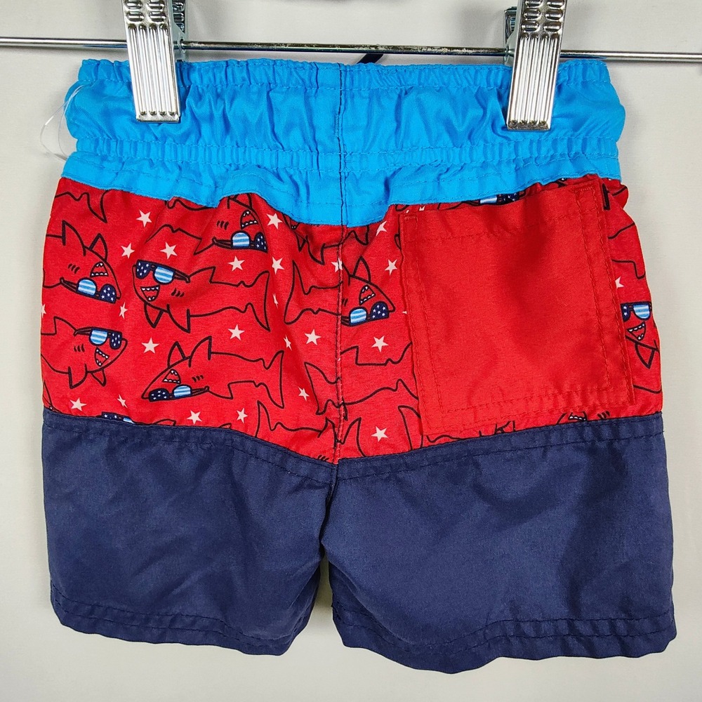 Cat & Jack Boys Shark‎ Swim Trunks Red White Blue Mesh Lining 12M - Picture 3 of 5